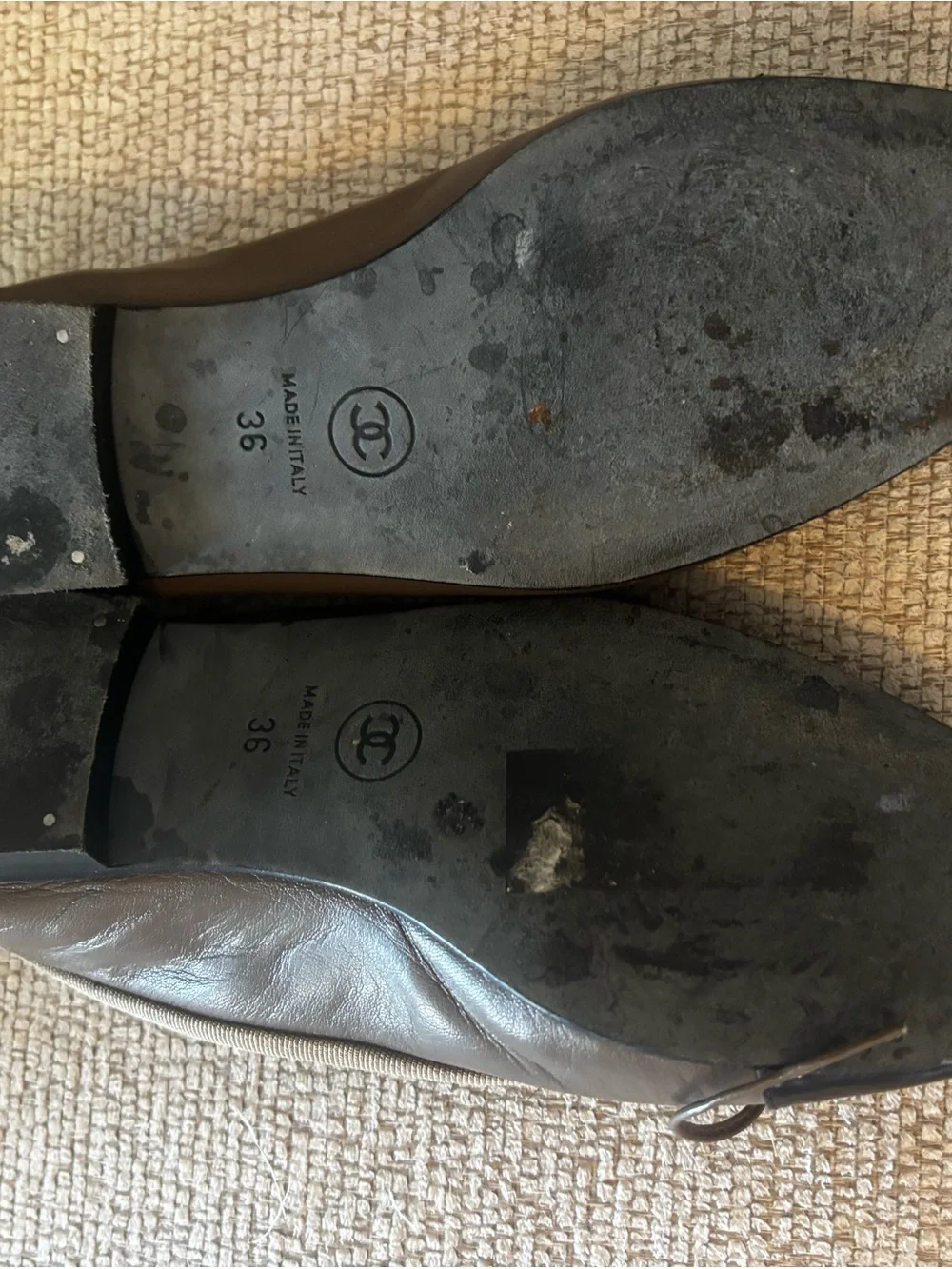 CHANEL Taupe Leather Ballet Flats with Black Patent Cap Toe